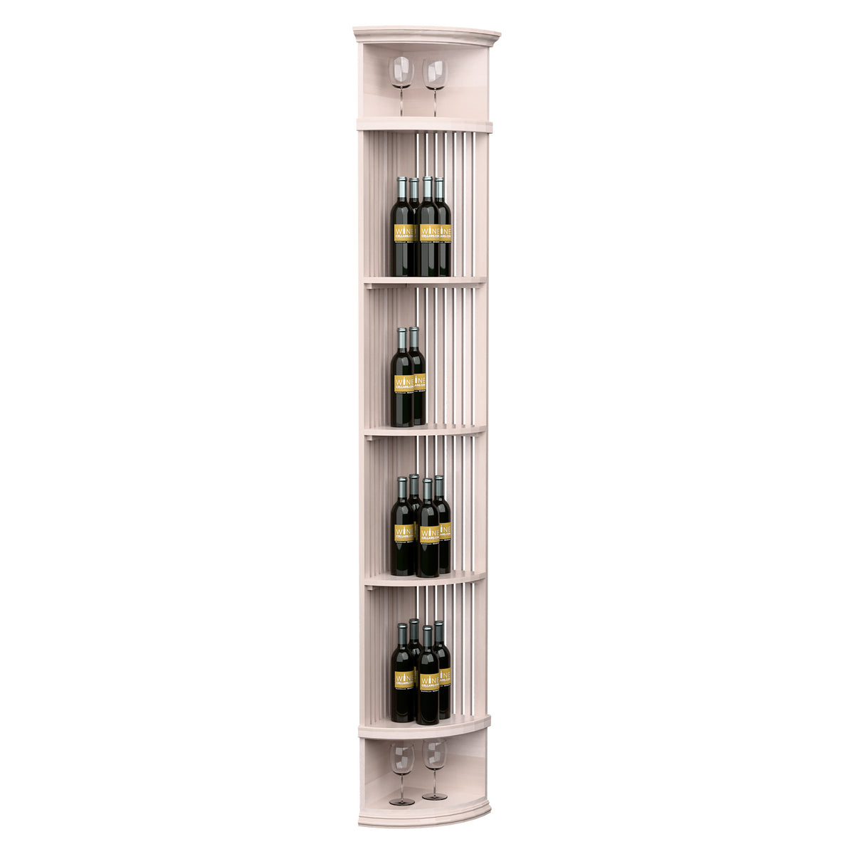 Wine bottle display shelf with lattice back, round base, and stemware holders; light grey