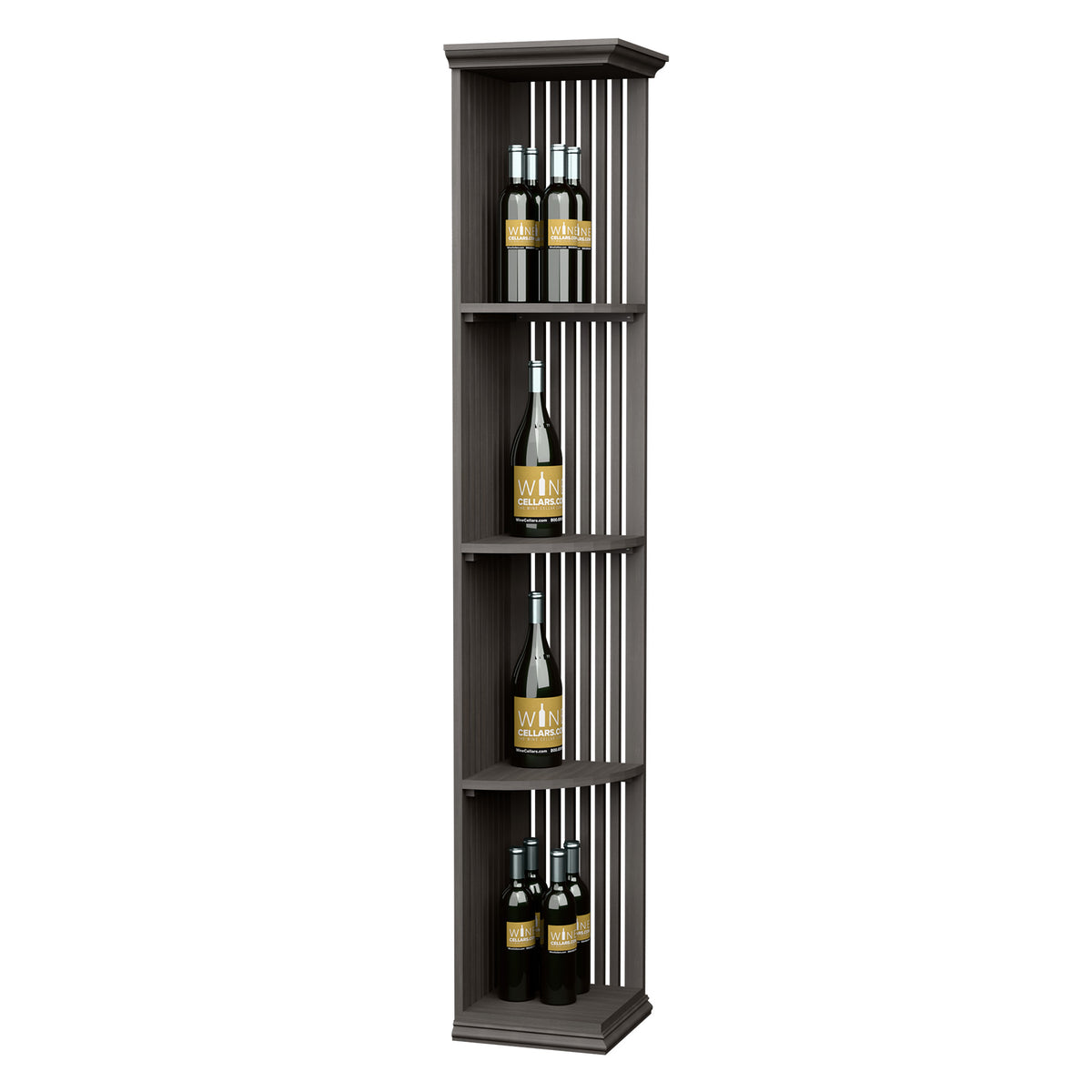 Dark wood lattice quarter-round wine shelf with square base, holding wine bottles