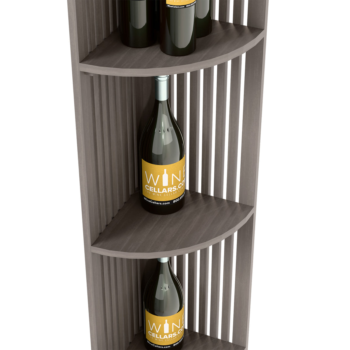 Dark wood corner wine shelf with curved shelves and lattice back, holding bottles