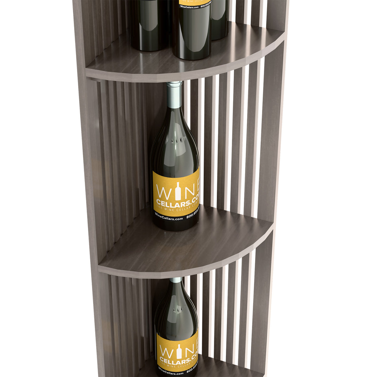 Dark wood quarter-round wine shelf corner view with curved shelves and bottle storage