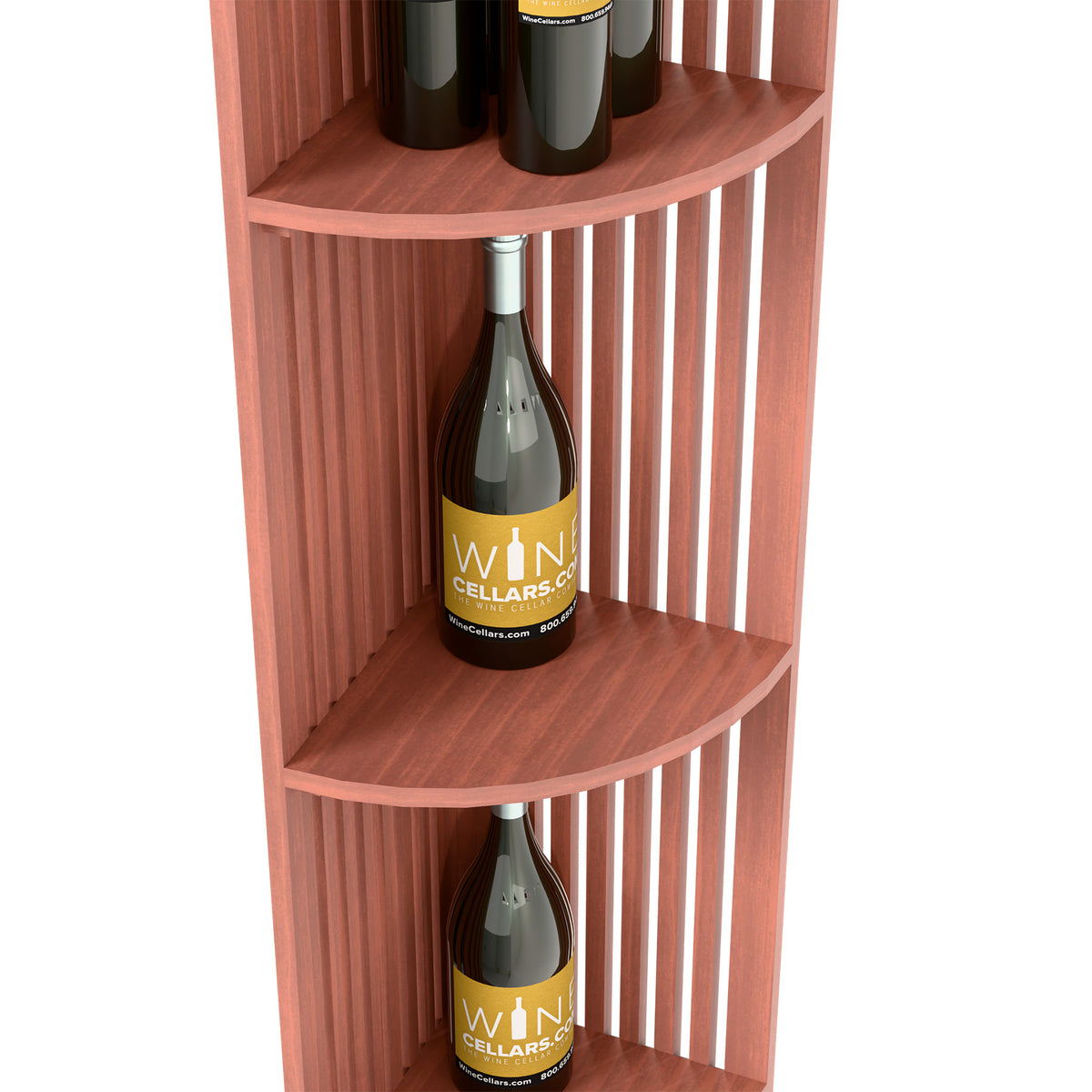 Warm red wood corner wine shelf with curved tiers and lattice back, bottles inside