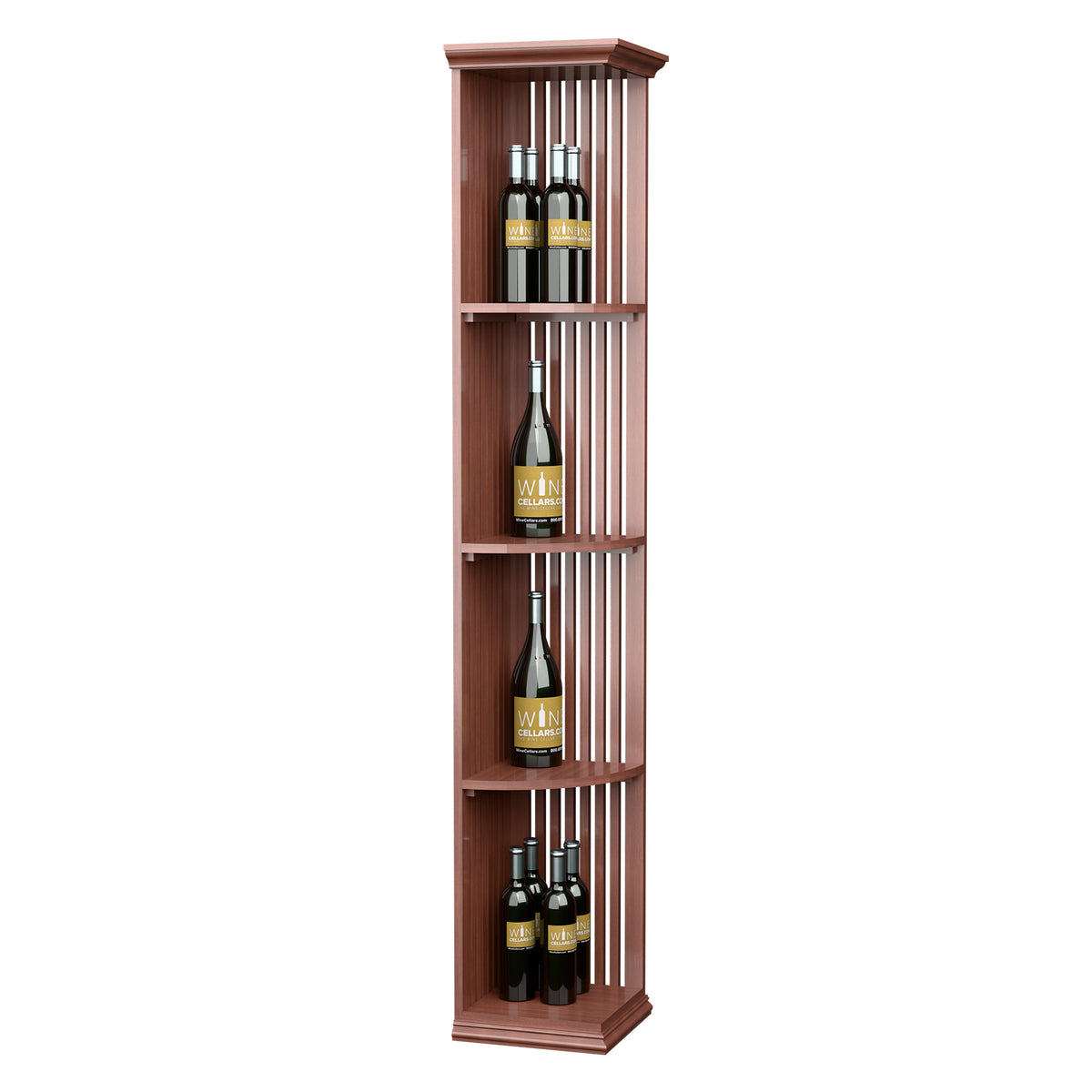 Tall red wood lattice wine storage shelf with square base and three curved shelves