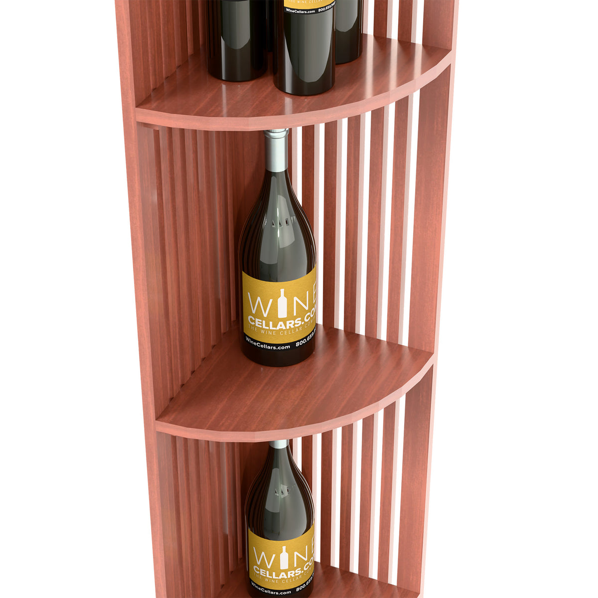 Red wood quarter-round wine shelf corner view with curved shelves and bottle storage