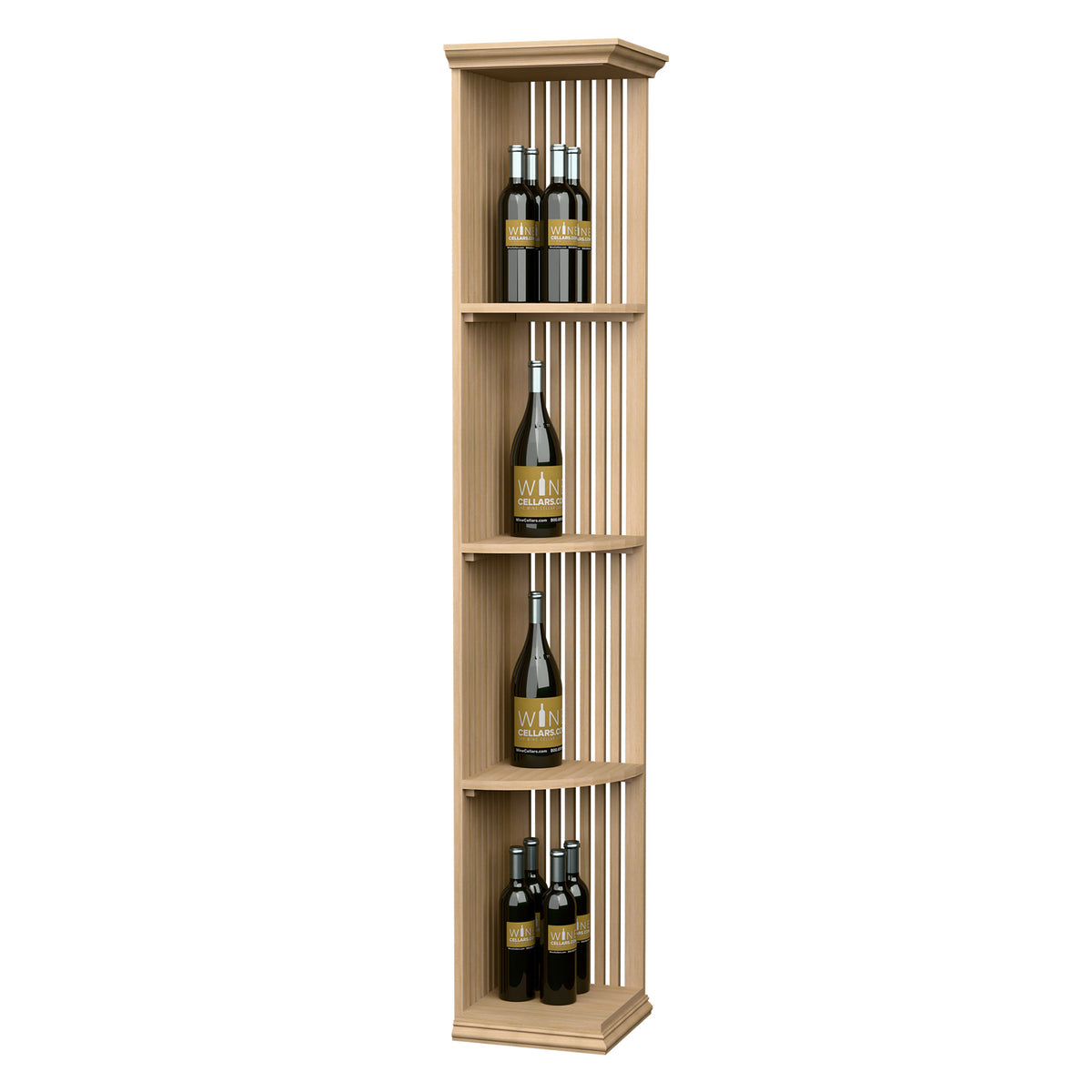 Light wood lattice quarter-round wine shelf with square base, holding wine bottles