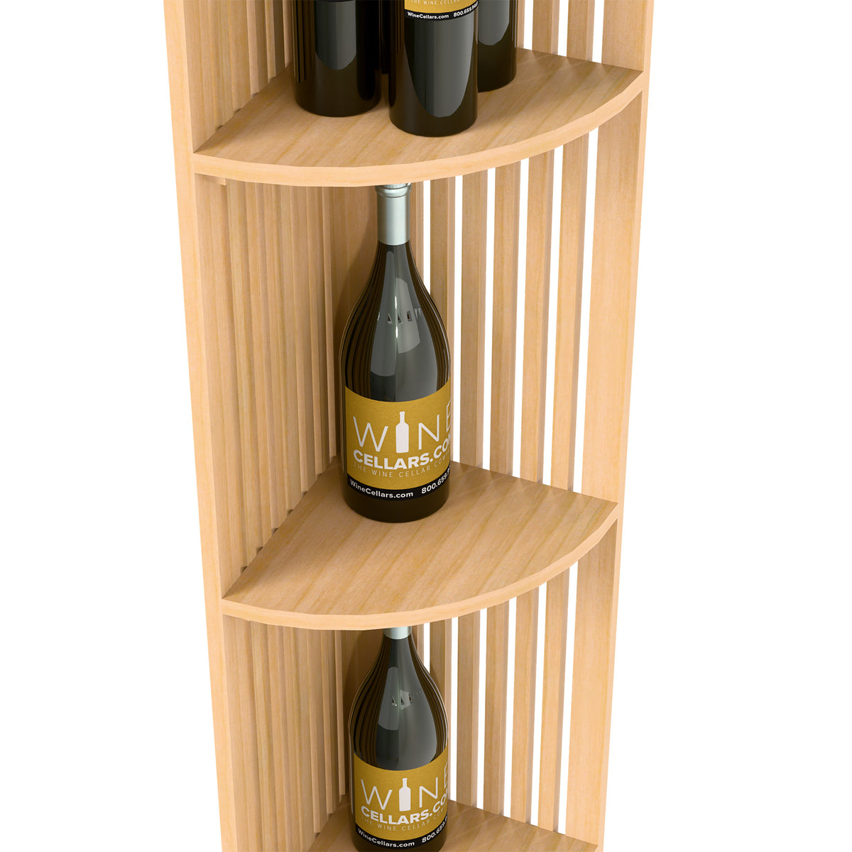 Light wood corner wine shelf with curved shelves and lattice back, holding bottles