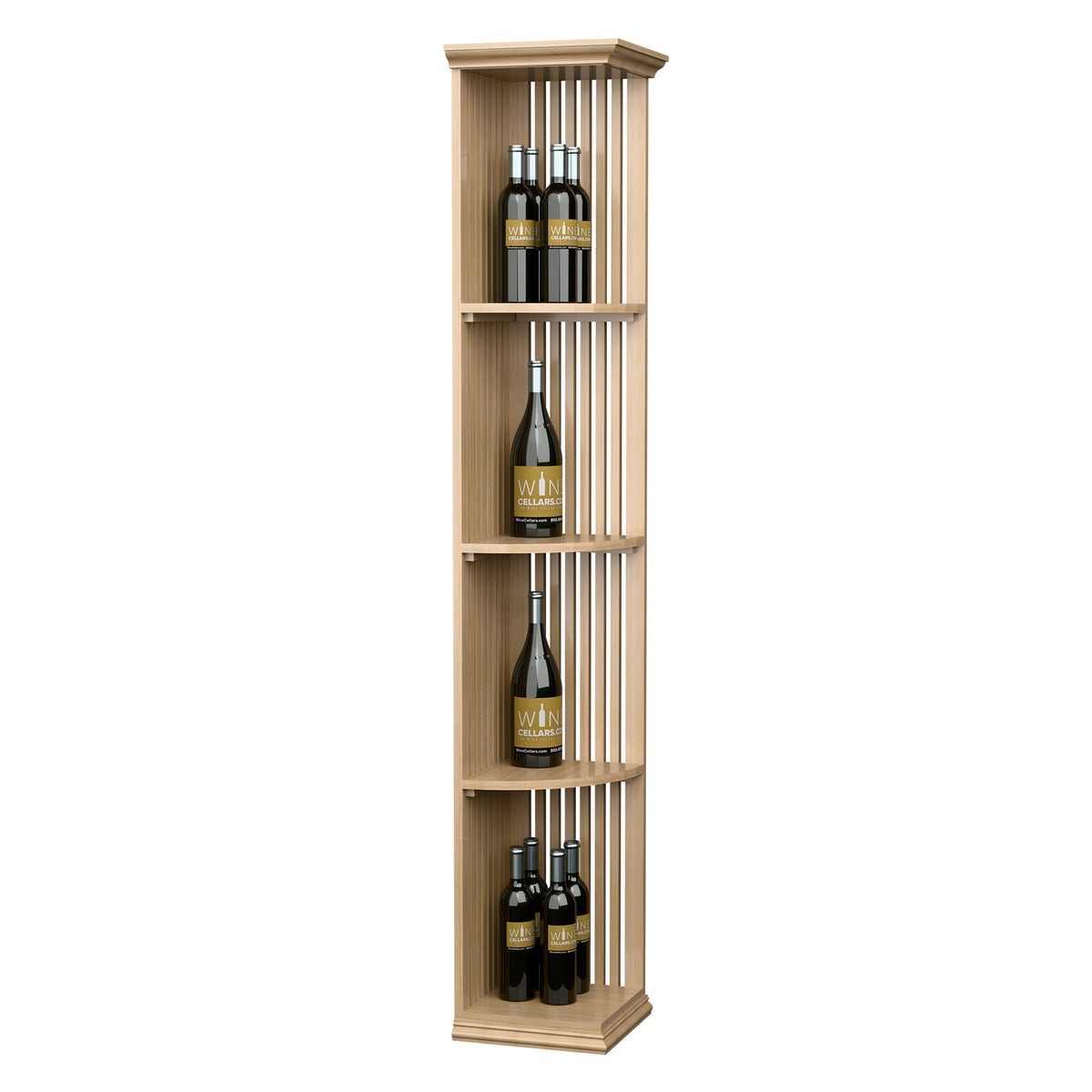 Light wood lattice quarter-round wine shelf with square base, 3 bottle cubbies