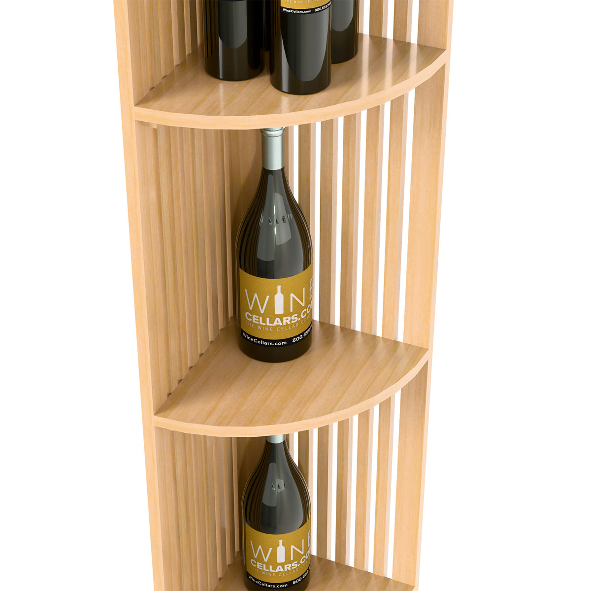 Light wood corner wine shelf with rounded shelves and bottle slot lattice sides
