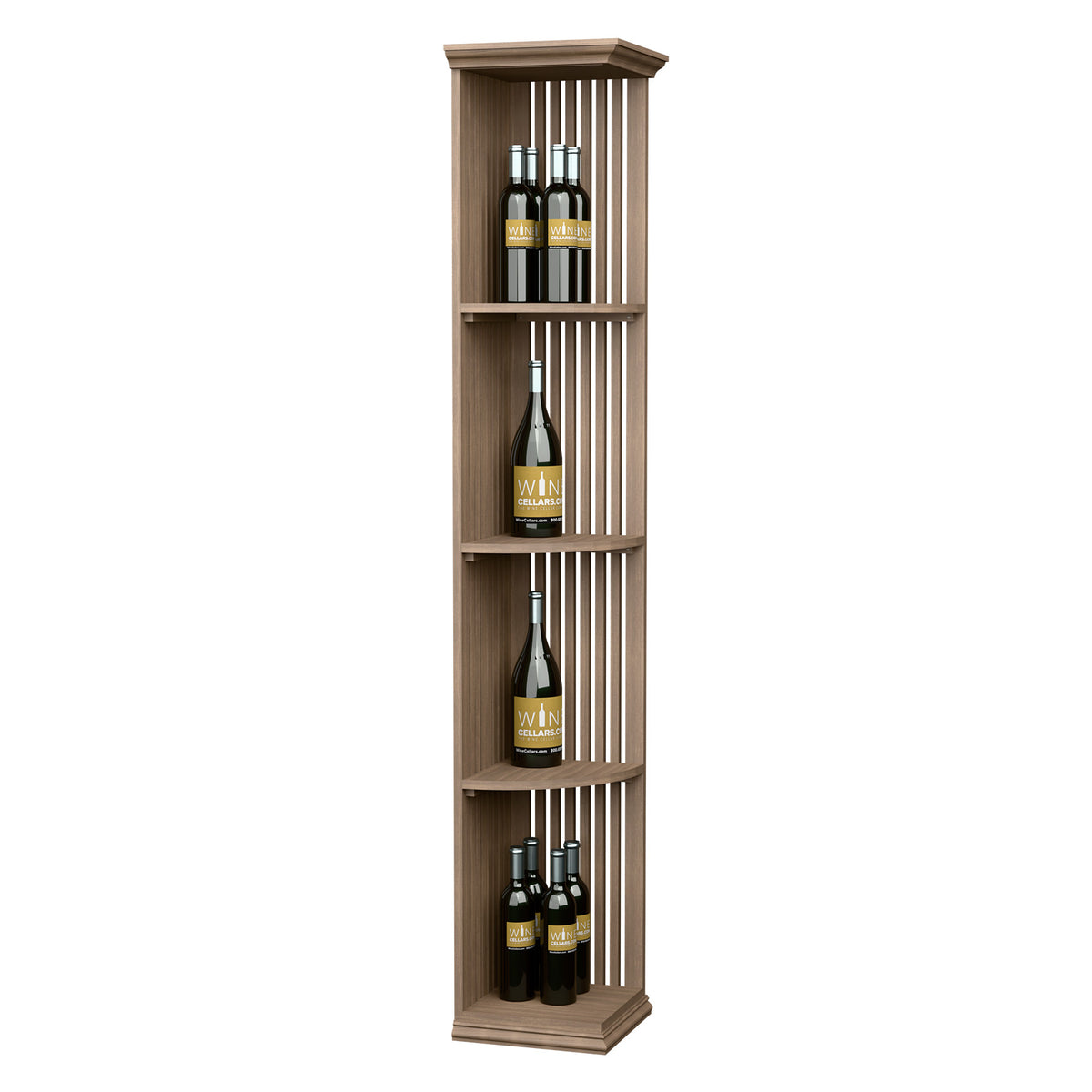 Light wood lattice wine shelf with three curved shelves and square base