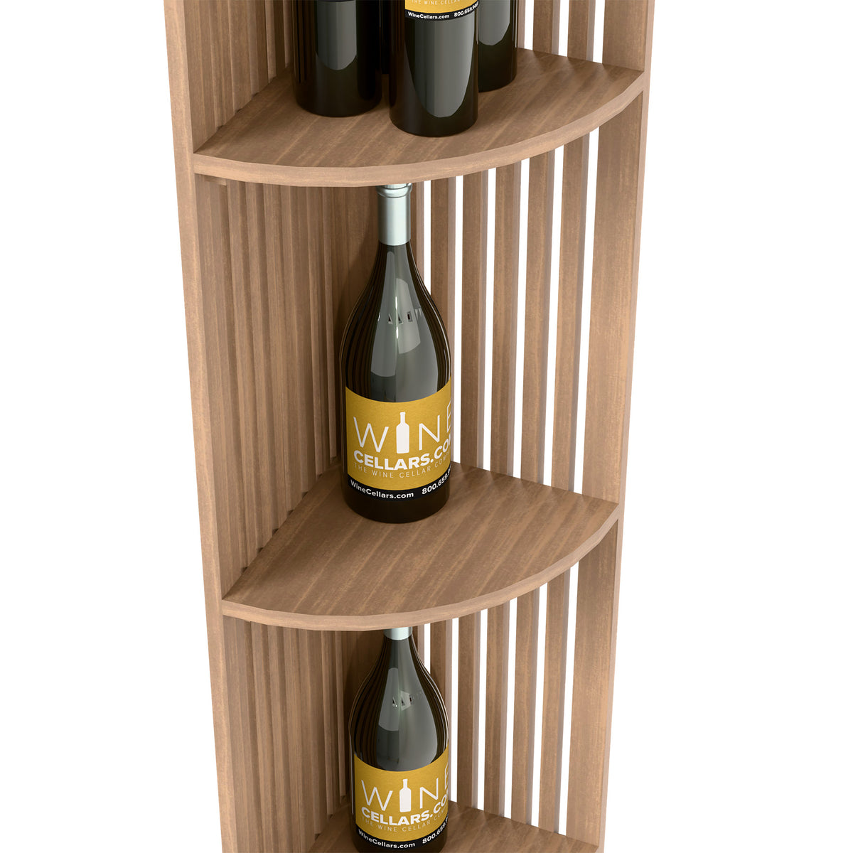 Light wood corner wine shelf with two rounded shelves and bottle openings