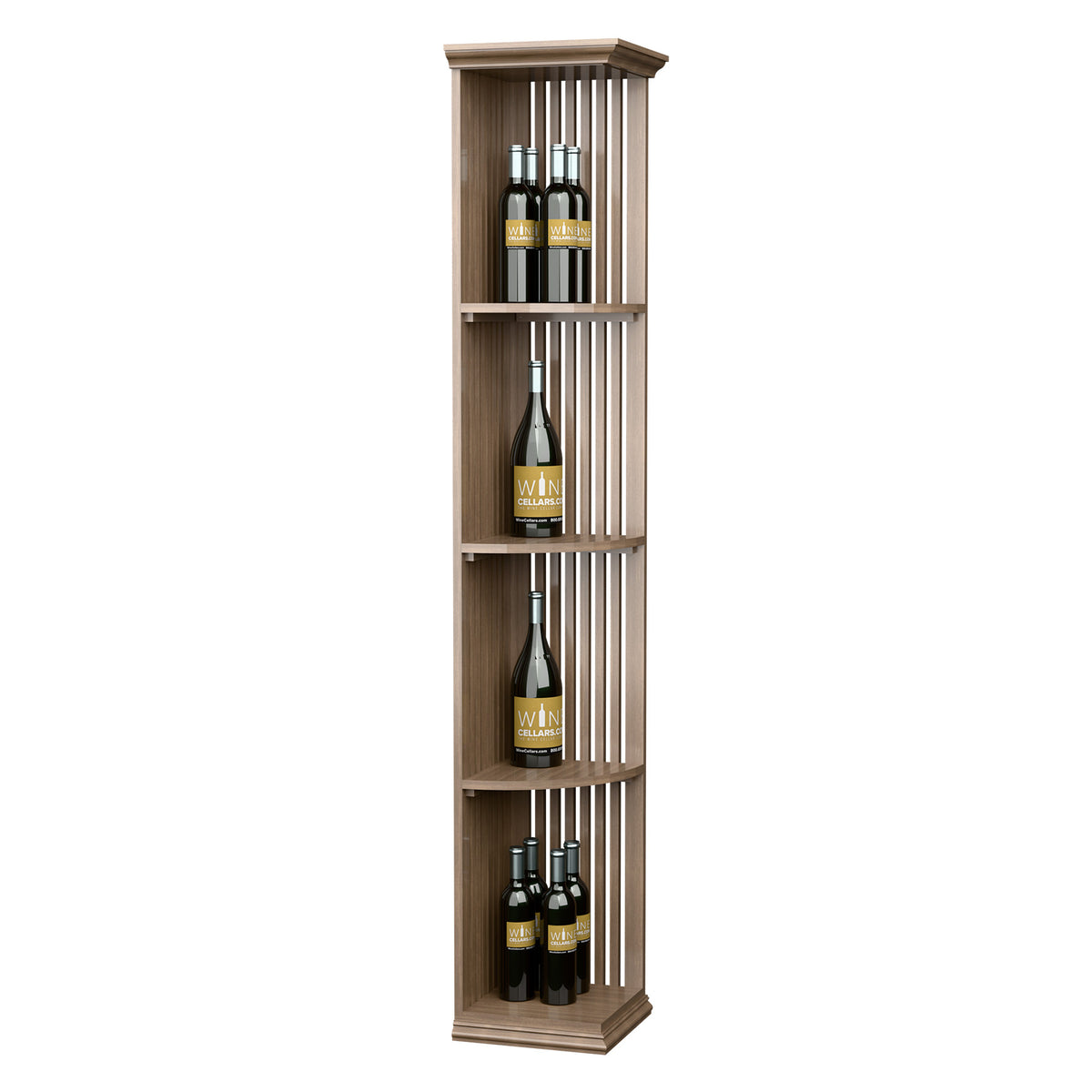 Light wood lattice wine shelf with square base and three bottle compartments