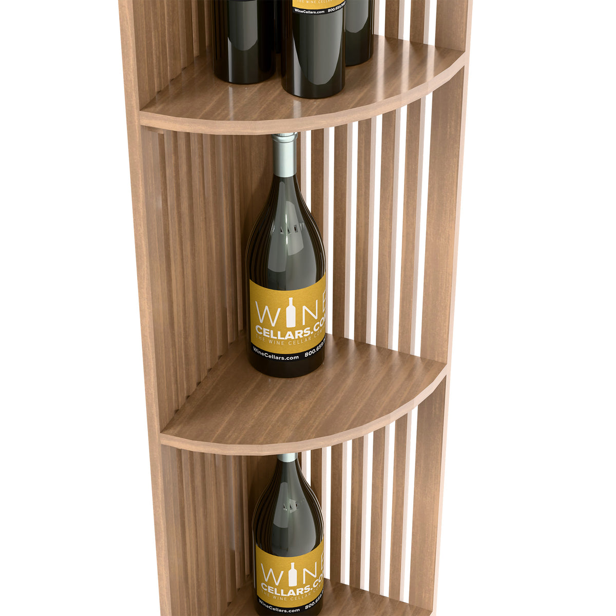 Light wood corner wine shelf showing rounded shelves and bottle nook