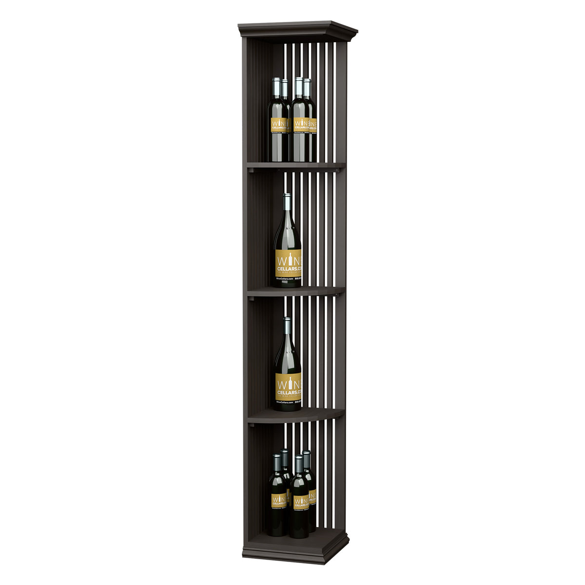 Dark wood lattice quarter-round wine shelf with square base and three bottle spaces