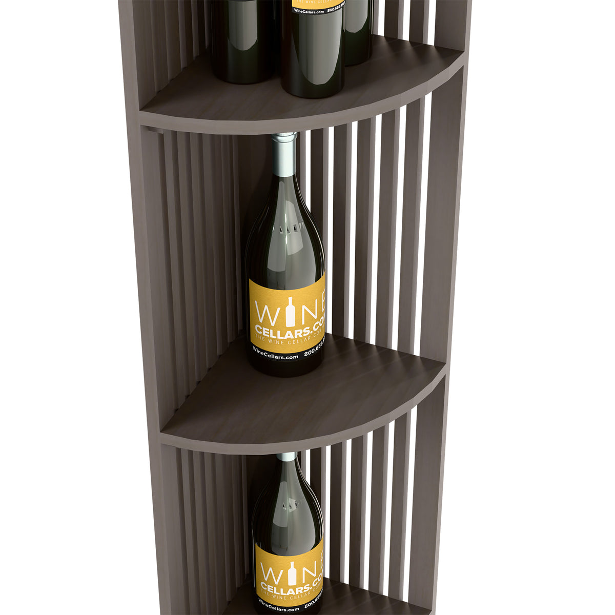Dark wood corner wine shelf with rounded shelves and bottle openings
