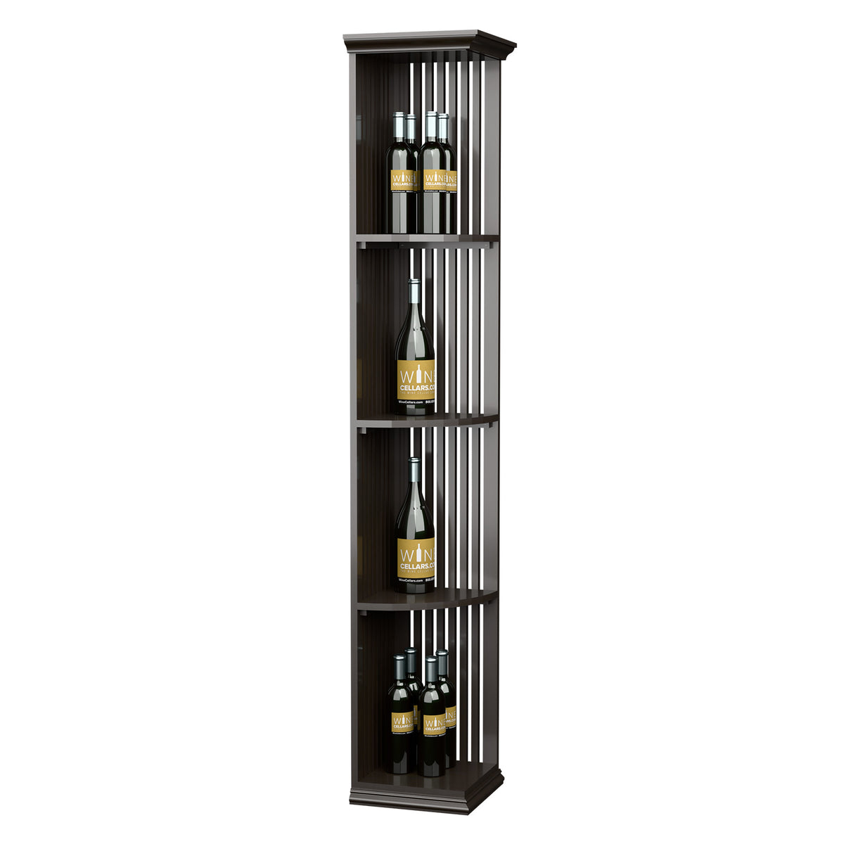 Dark wood lattice wine shelf with square base and three curved bottle shelves
