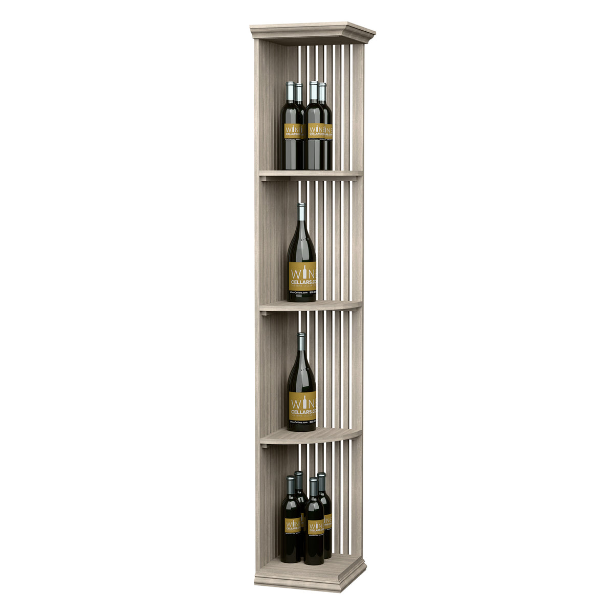 Quarter-round lattice wine shelf with square base, light gray wood, four bottle display