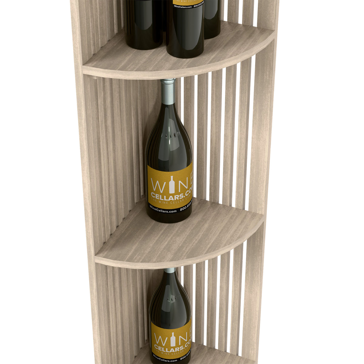 Quarter-round lattice wine shelf section with curved shelves and bottle display, light wood
