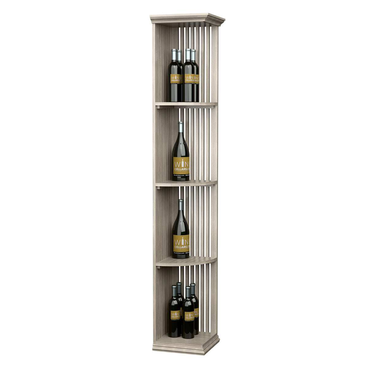 Quarter-round lattice wine shelf with square base, light gray wood, slim vertical slat design