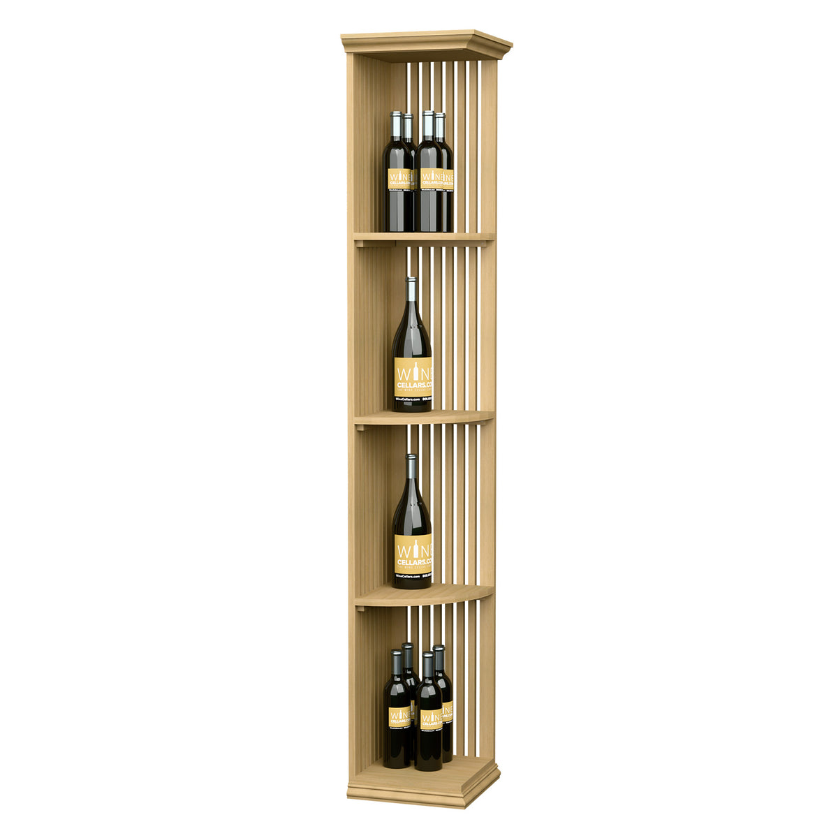 Quarter-round lattice wine shelf with square base, light wood finish, four bottle capacity