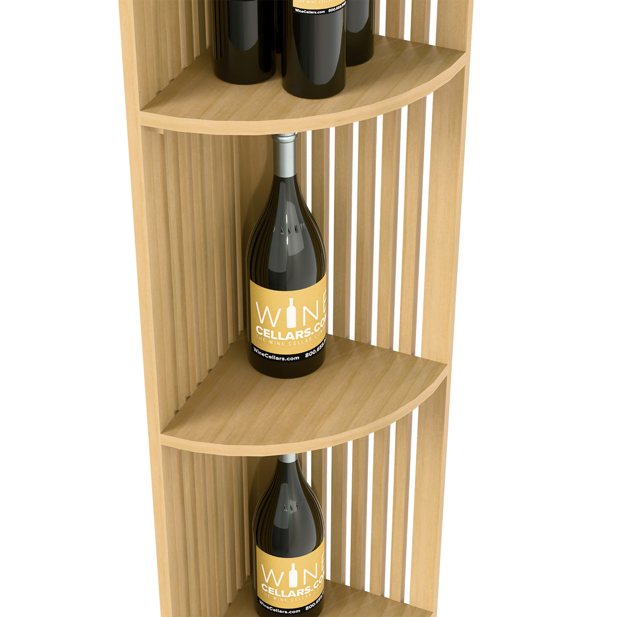 Quarter-round lattice wine shelf corner with curved shelves and bottles, light wood