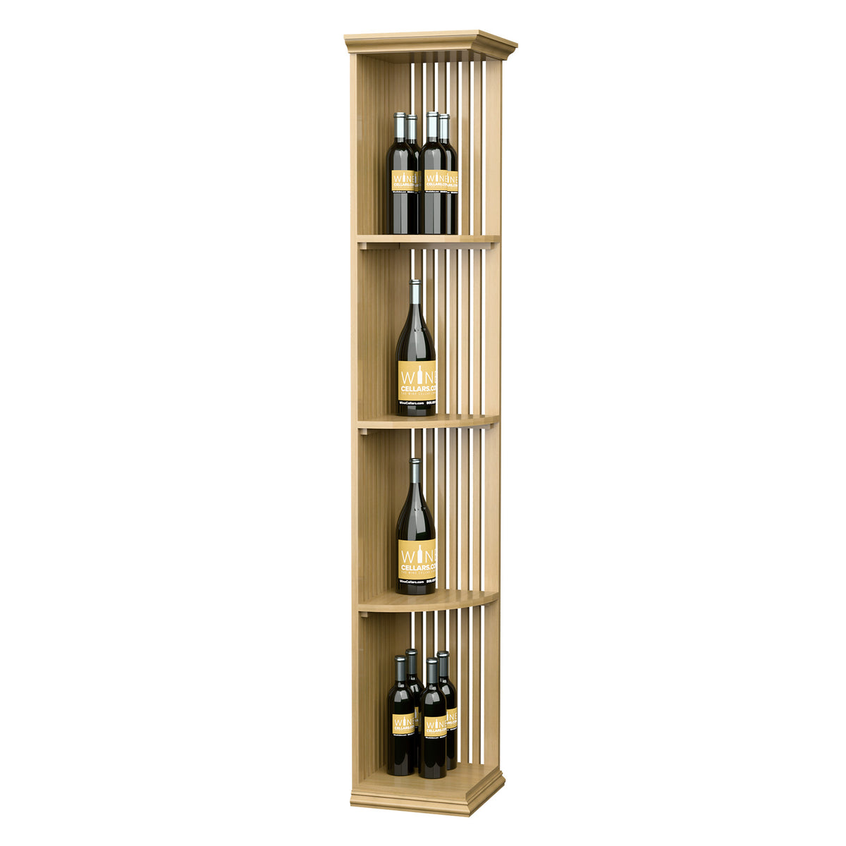 Quarter-round lattice wine shelf with square base, light wood, vertical slat sides