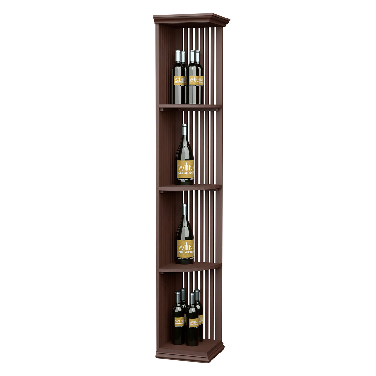 Quarter-round lattice wine shelf with square base, dark brown wood, four bottle display