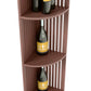 Quarter-round lattice wine shelf section with curved shelves and bottles, dark brown wood