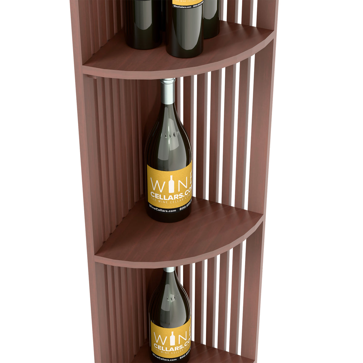 Quarter-round lattice wine shelf section with curved shelves and bottles, dark brown wood