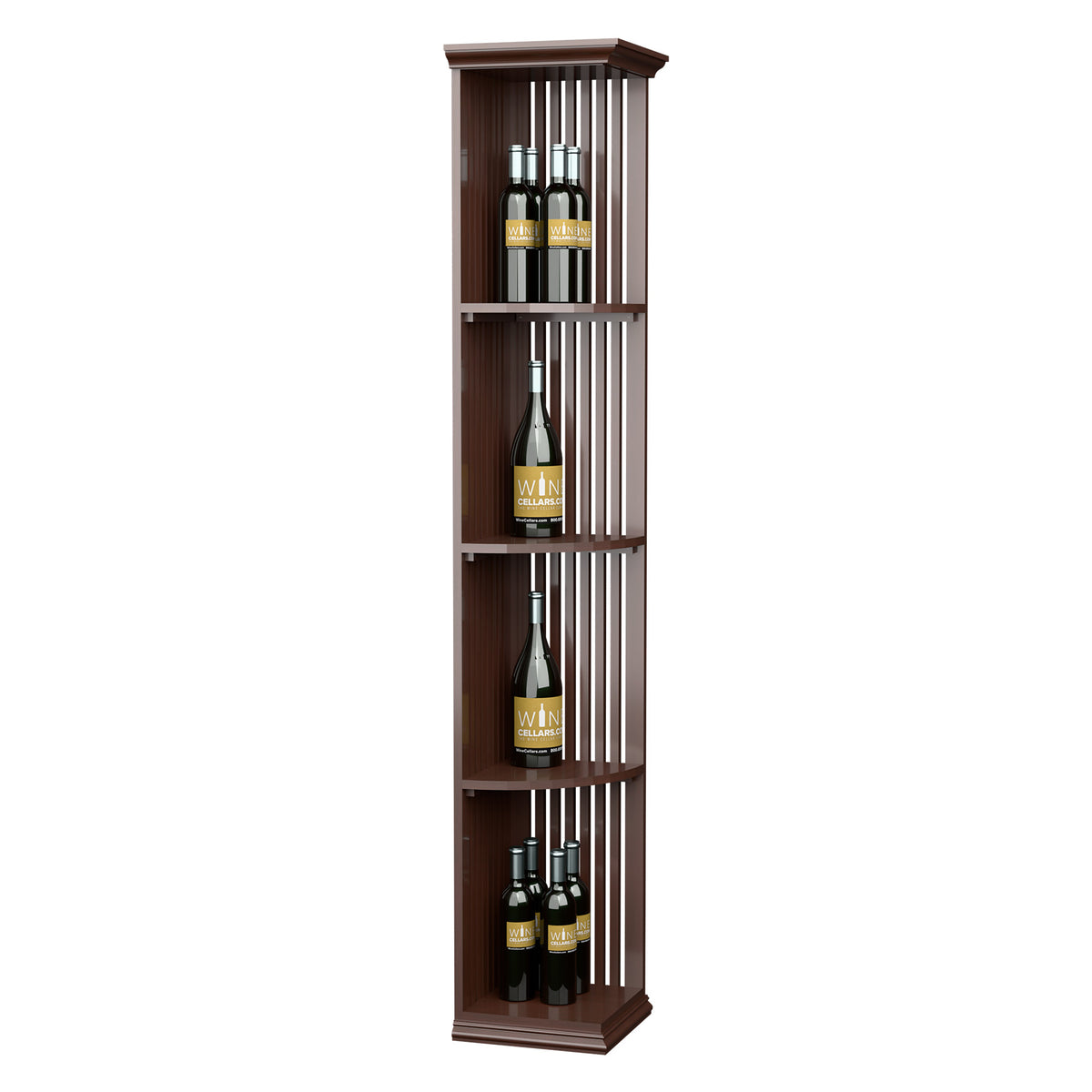 Quarter-round lattice wine shelf with square base in dark wood, holding bottles on curved tiers