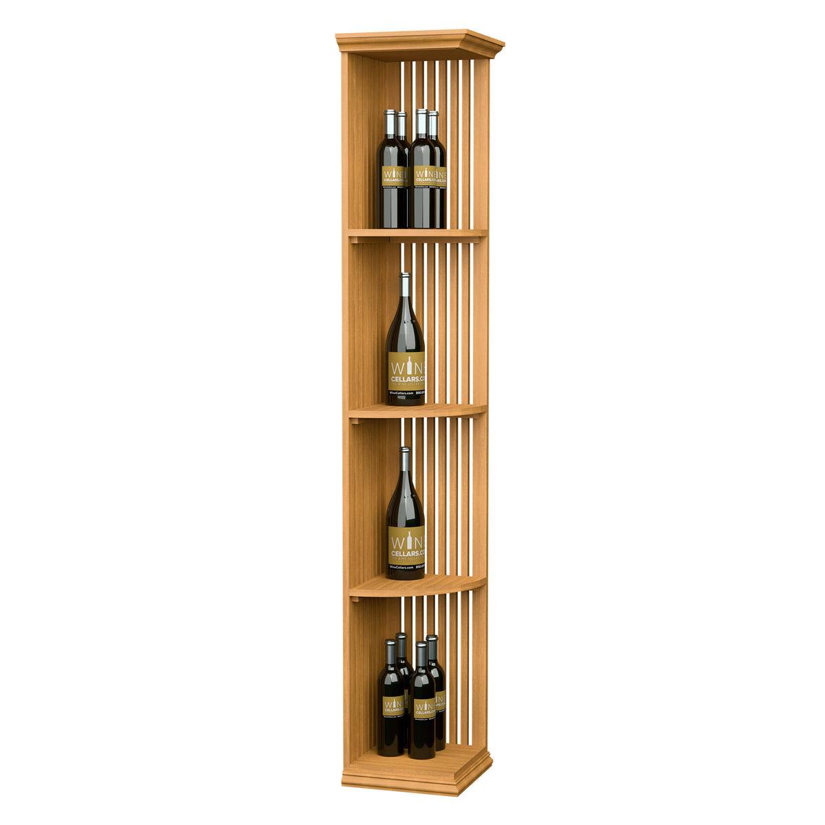Quarter-round lattice wine shelf with square base in light wood, holding bottles on curved tiers