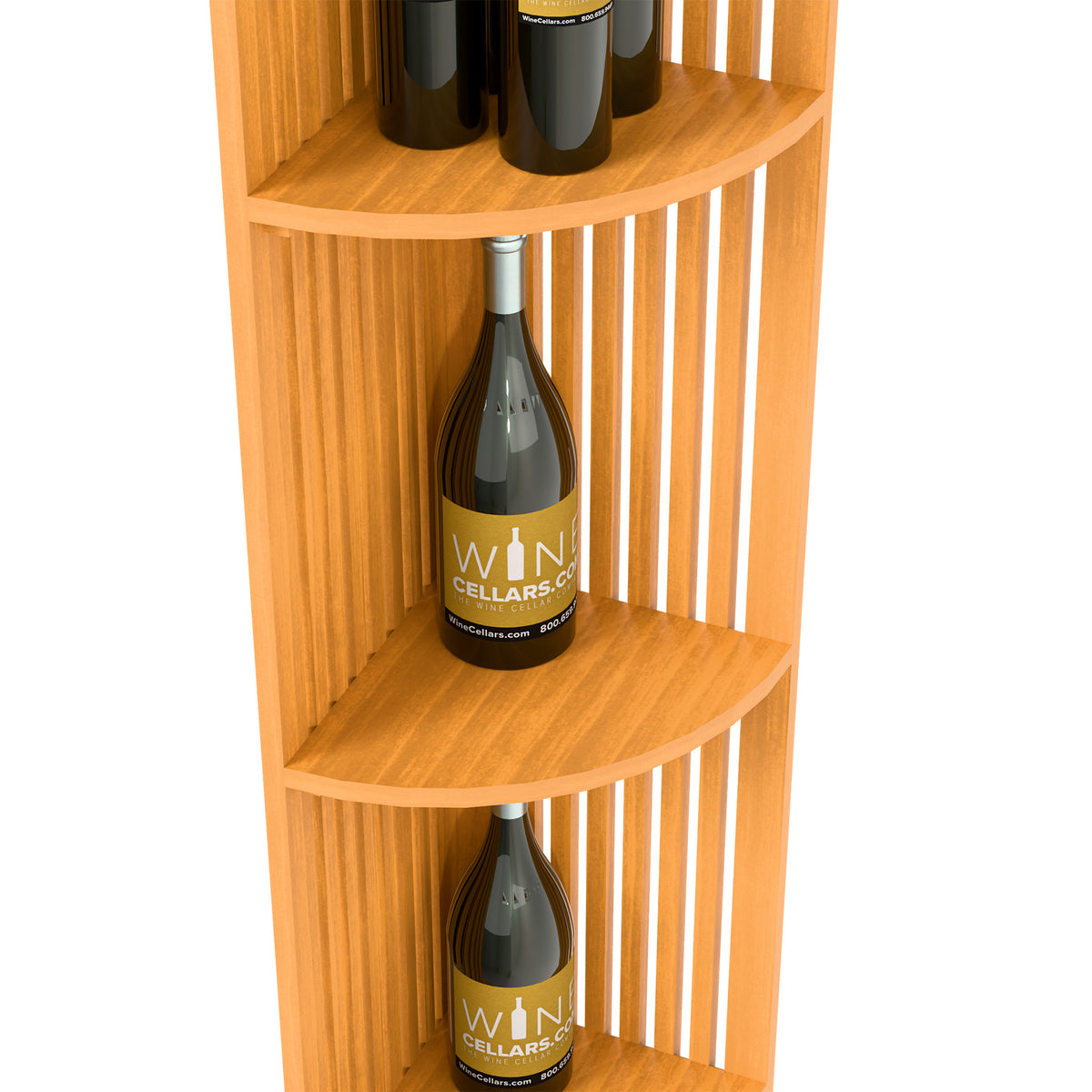 Light wood corner wine shelf with lattice panels and curved shelves, with bottles displayed