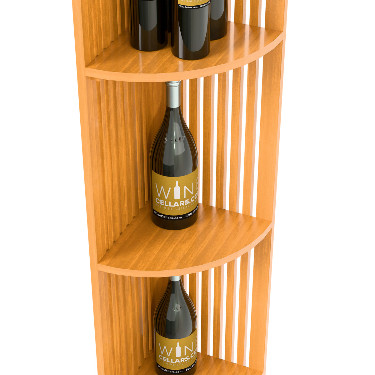 Light wood lattice wine shelf with square base, curved shelves with bottles for display