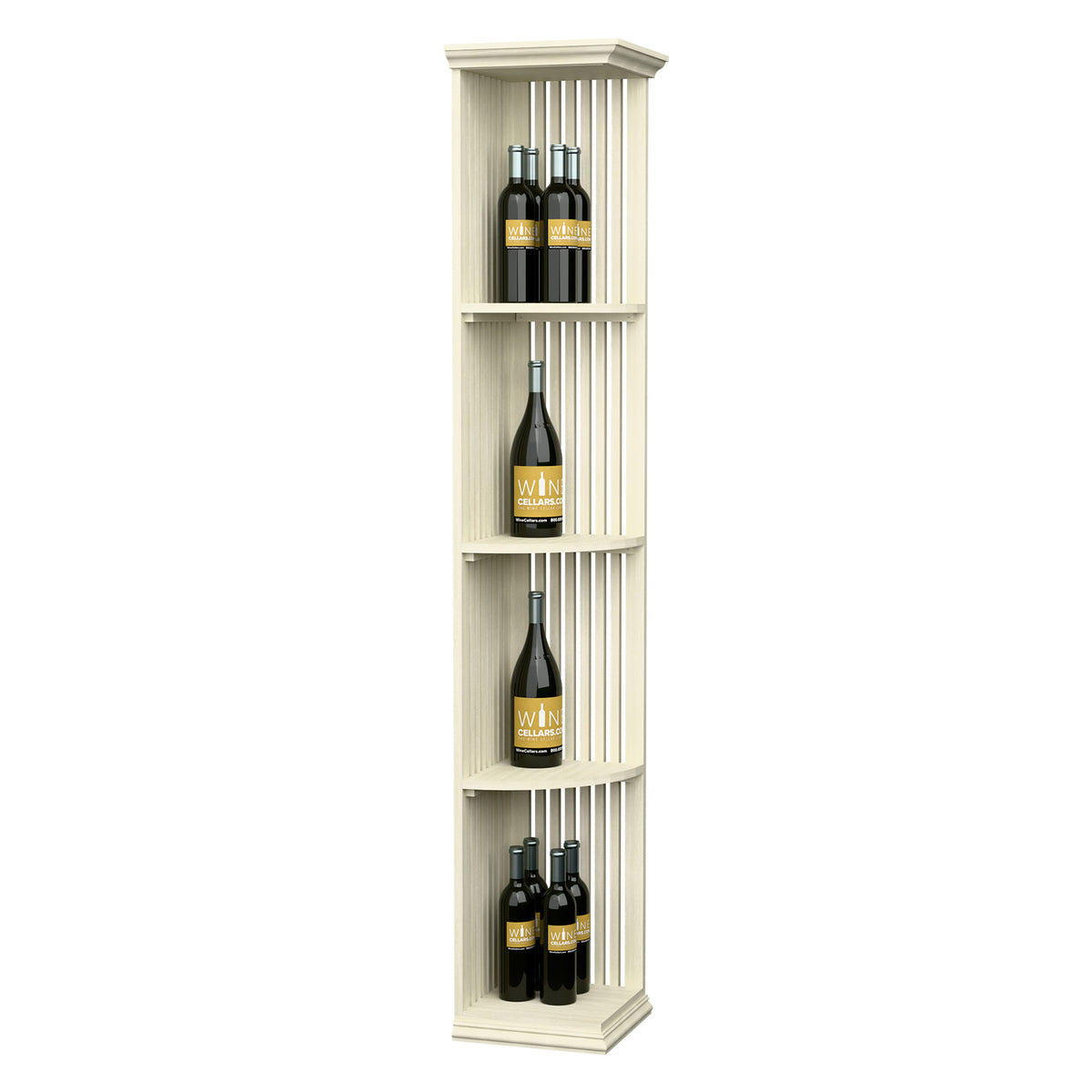 Quarter-round lattice wine shelf with square base in white wood, showing bottles on curved tiers
