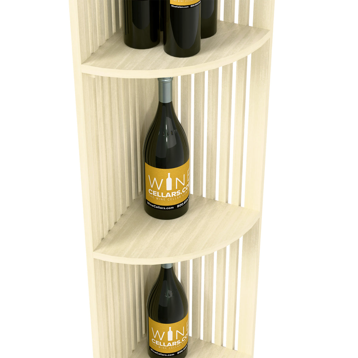 White wood corner wine shelf with lattice backing and curved shelves, holding wine bottles