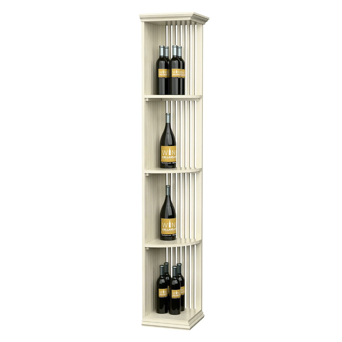 Quarter-round lattice wine shelf with square base in white wood, multiple bottles on curved tiers