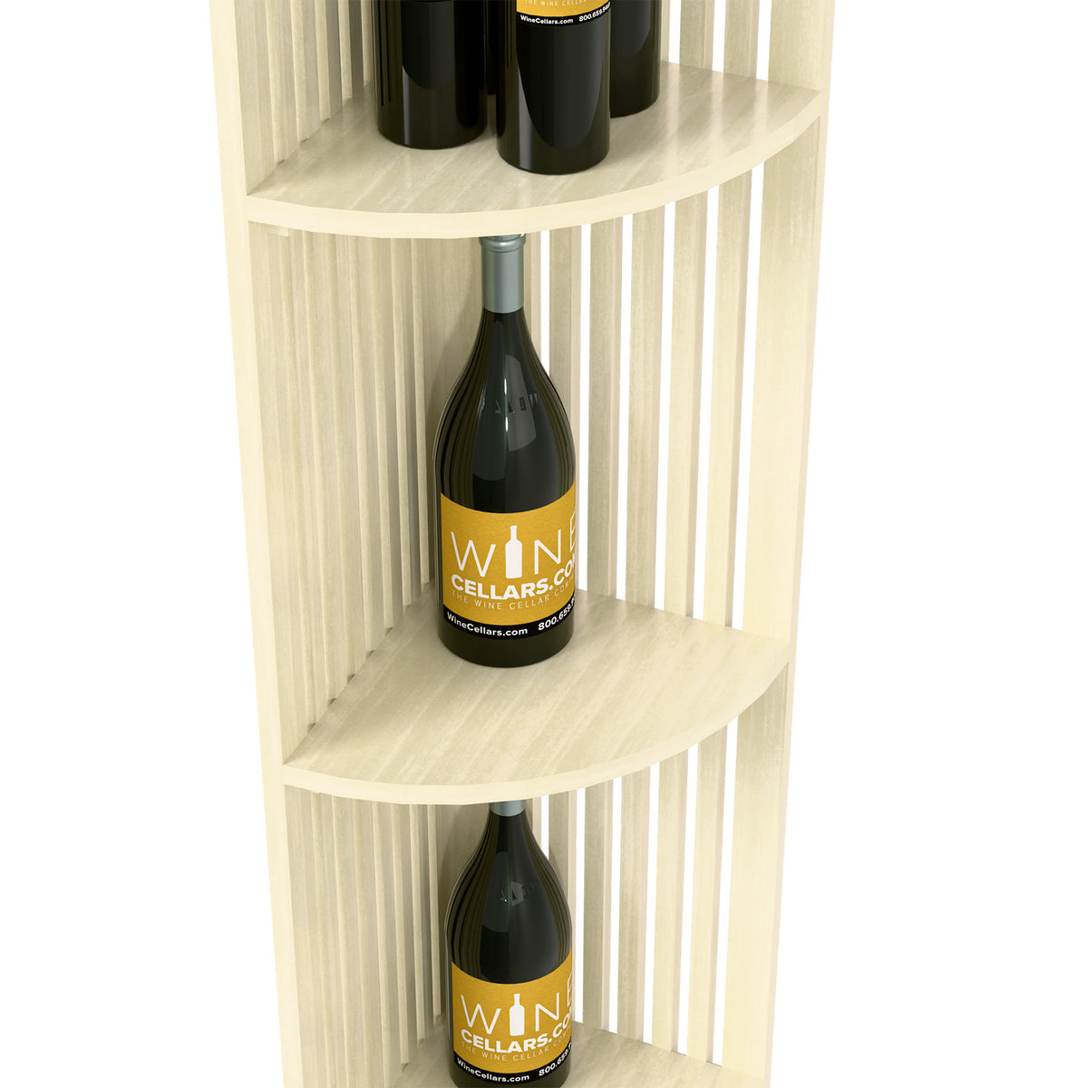 White wood lattice wine shelf with curved tiers and square base, bottles on display