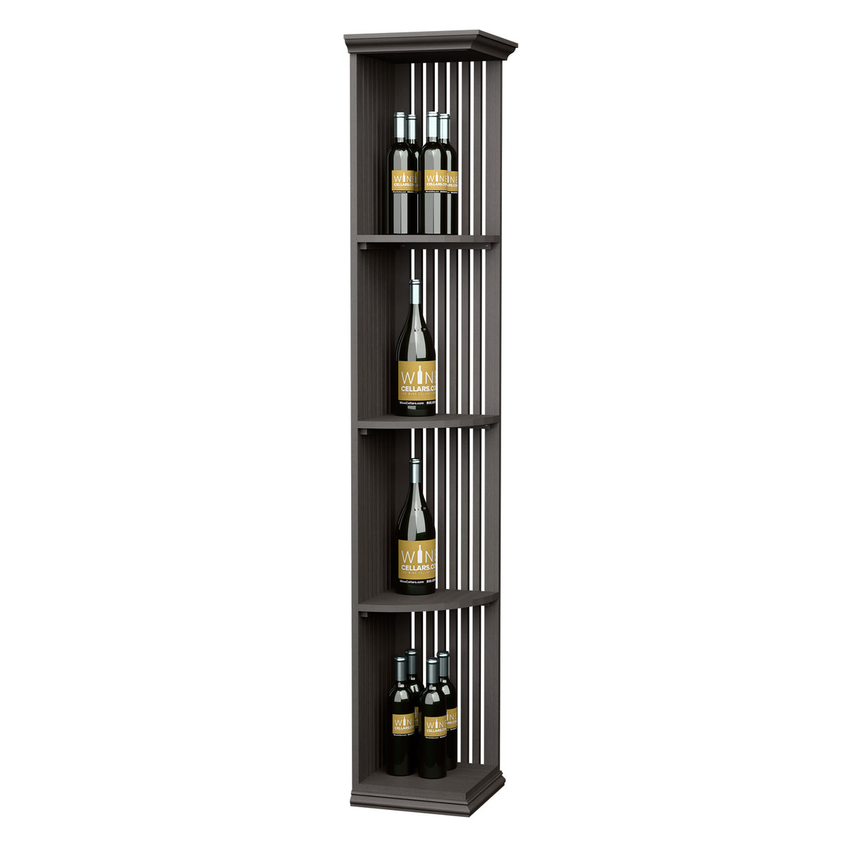Quarter-round lattice wine bottle shelf with square base, dark stained wood, 4 tiers