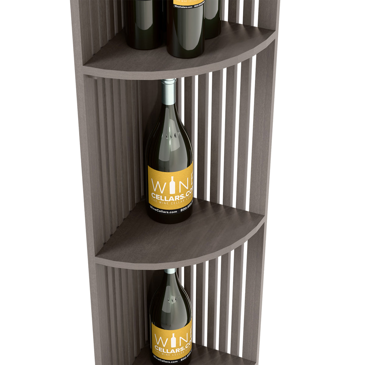 Dark wood quarter-round wine shelf with lattice side, two bottle display shelves