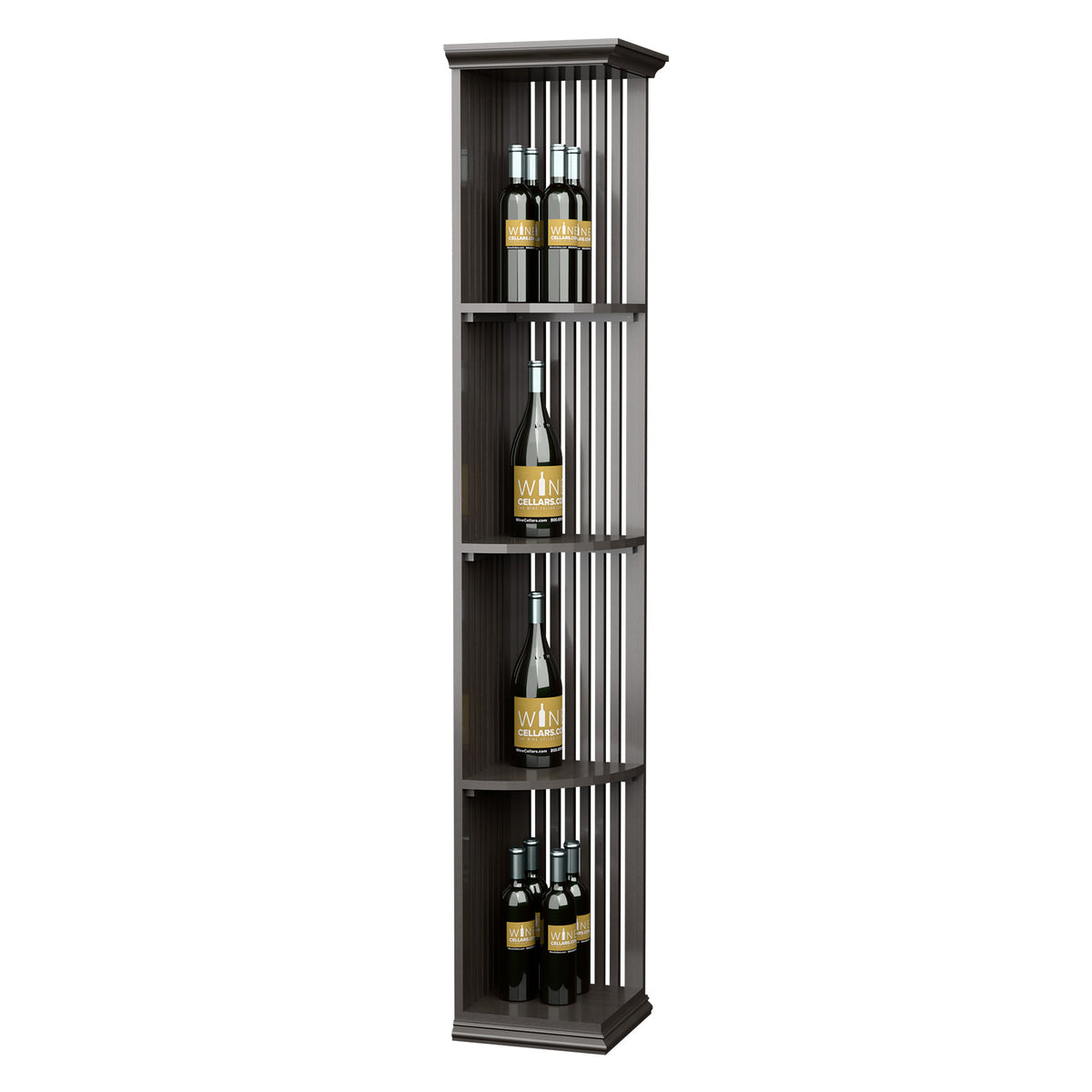 Lattice quarter-round wine bottle shelf with square base, dark stained finish, tall unit