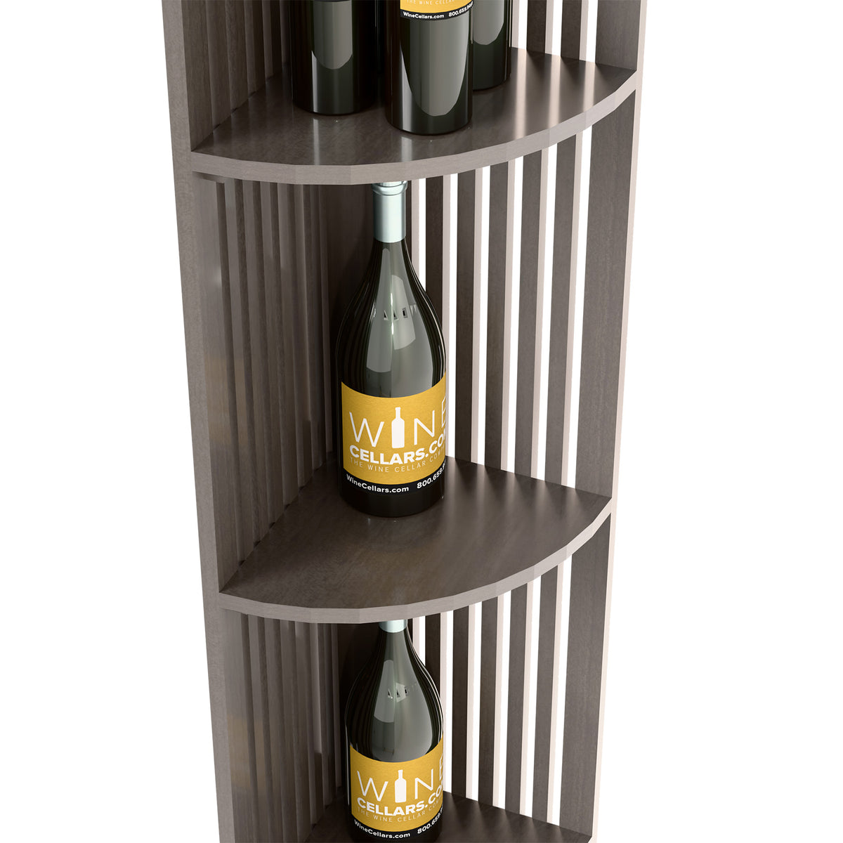 Dark wood corner wine display shelf with curved shelves and vertical lattice sides