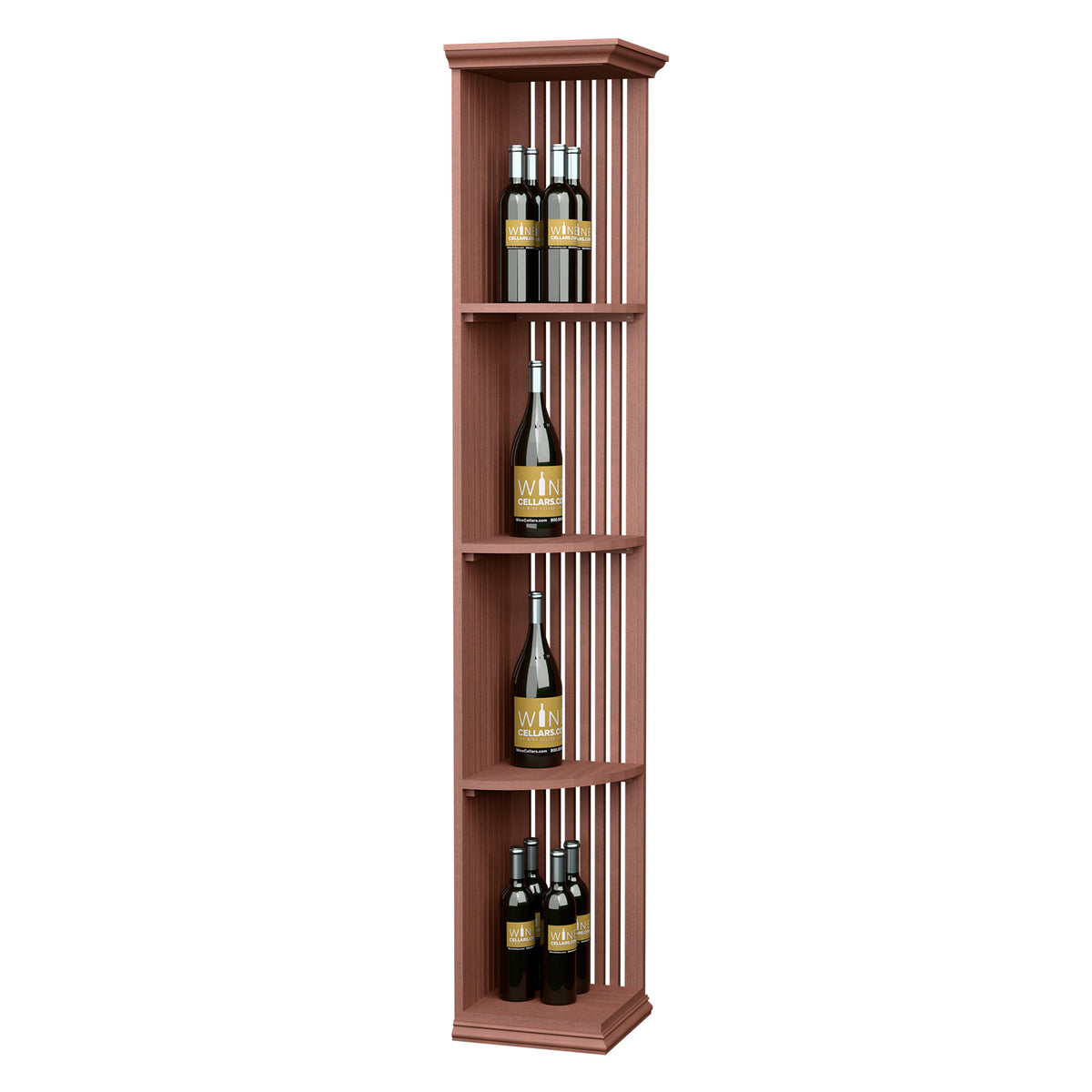 Quarter-round lattice wine bottle shelf with square base, reddish stained wood, 4 tiers
