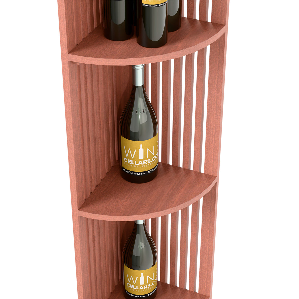 Reddish wood quarter-round wine shelf with lattice side panels, bottle on top shelf