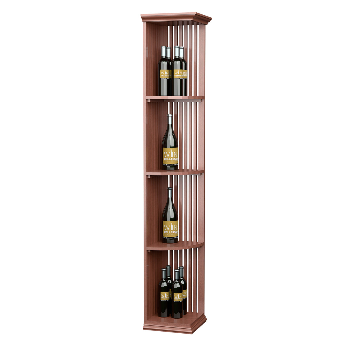 Lattice quarter-round wine bottle shelf with square base, reddish wood finish, tall display
