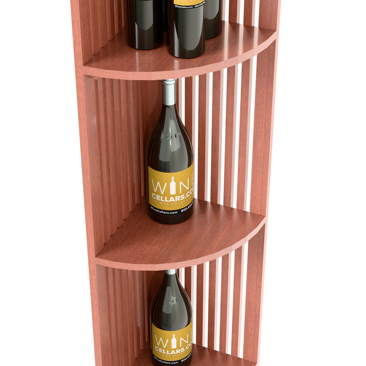 Reddish wood corner wine display shelf with curved shelves and vertical lattice sides
