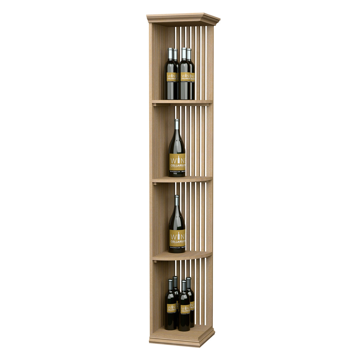 Quarter-round lattice wine bottle shelf with square base, light natural stained wood, 4 tiers