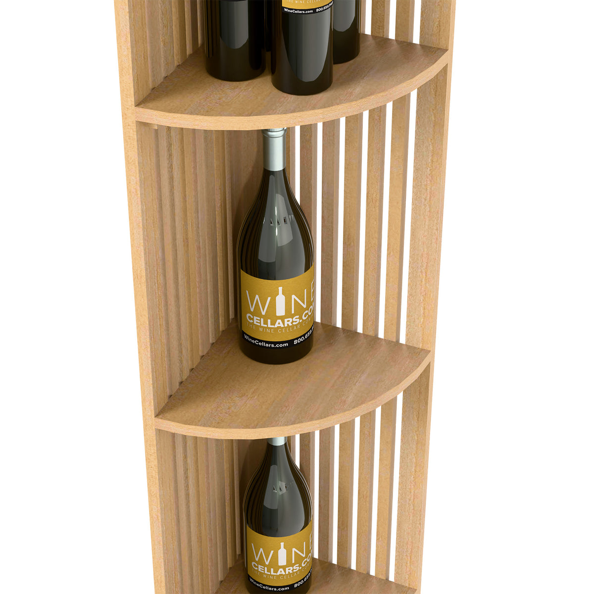 Light wood quarter-round wine shelf with lattice side, curved shelves for bottles