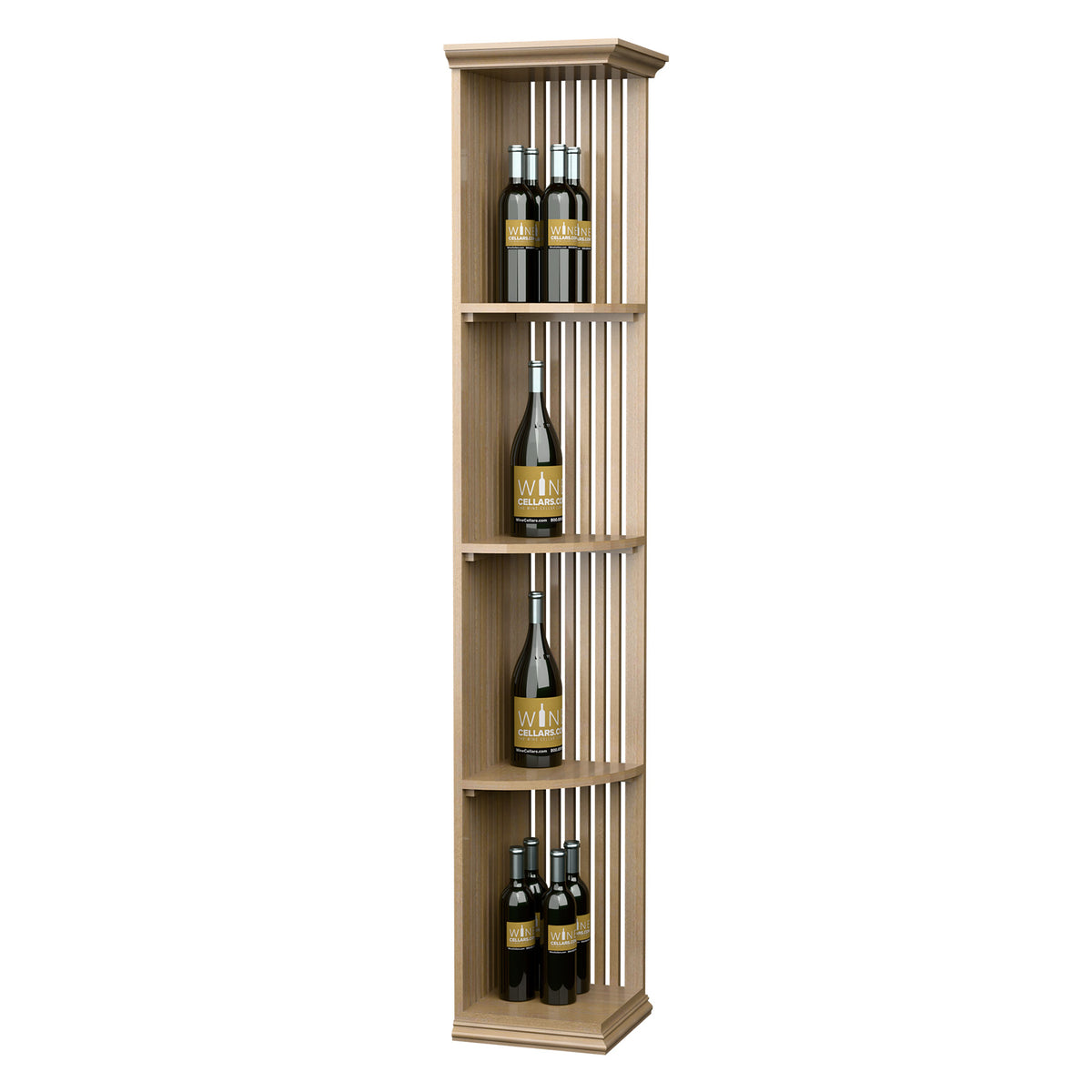 Light wood quarter-round lattice wine shelf with square base, holding multiple bottles.