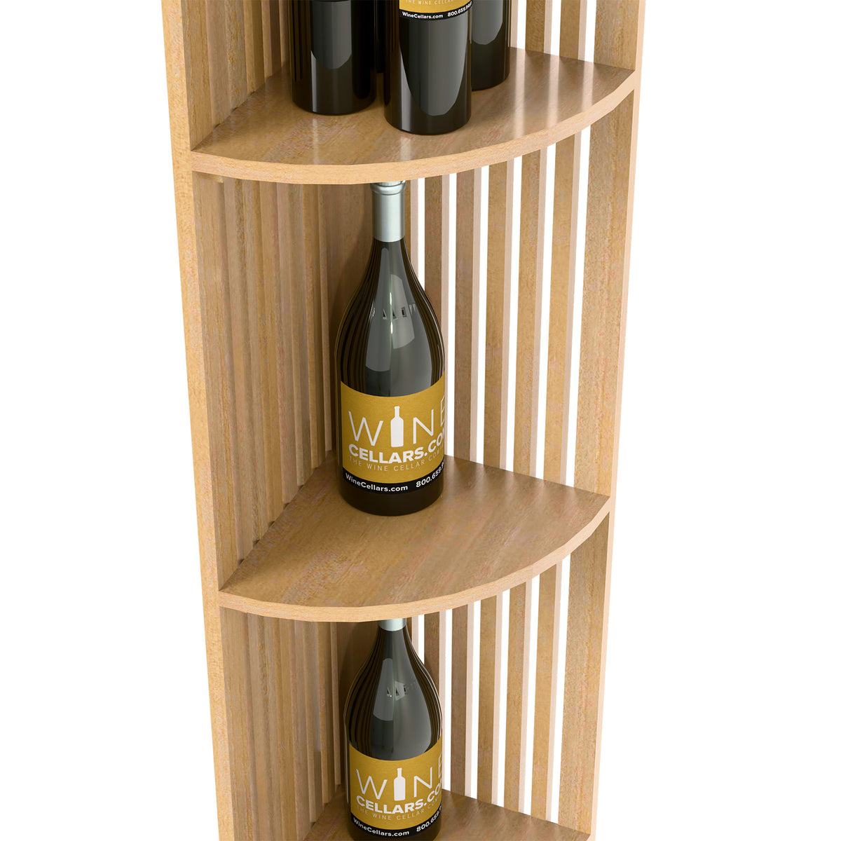 Light wood quarter-round lattice wine shelf corner with two bottles on curved shelves.
