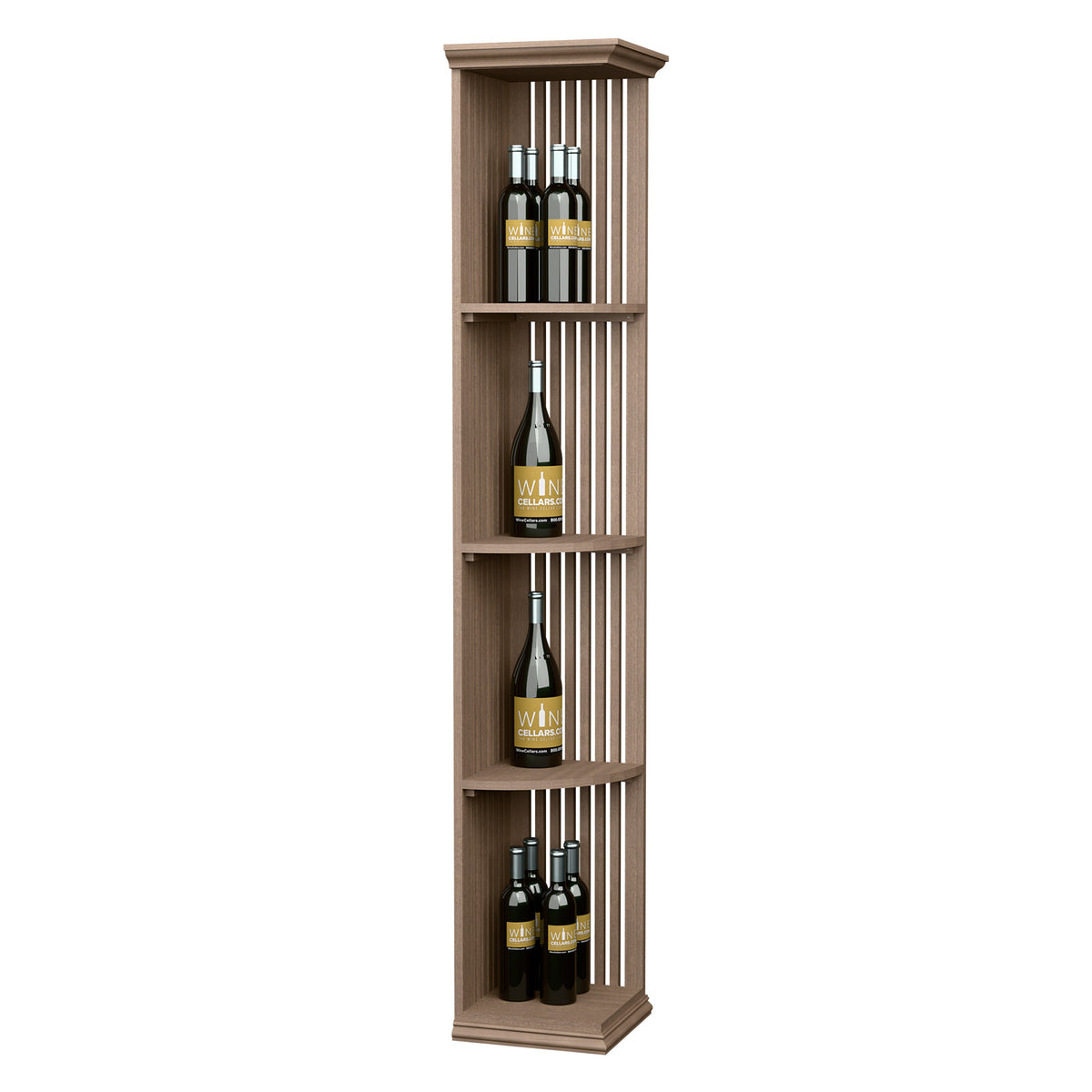 Light wood lattice quarter-round wine shelf with square base, four bottle slots.