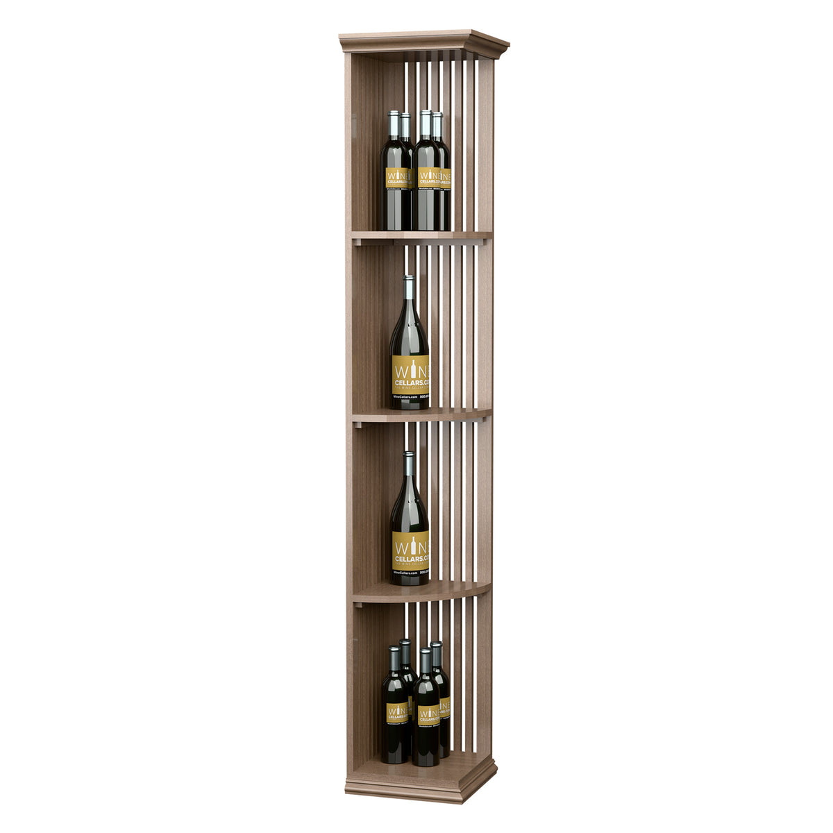 Light wood quarter-round lattice wine shelf with square base and bottle display cubbies.