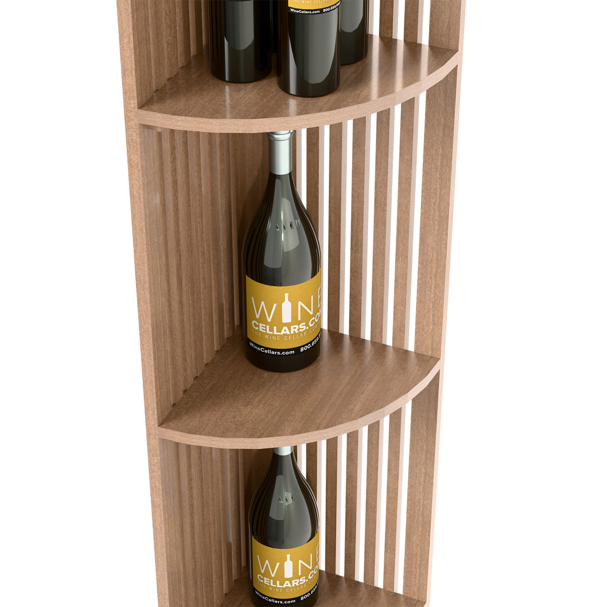 Light wood corner wine shelf with quarter-round lattice sides and two bottles.